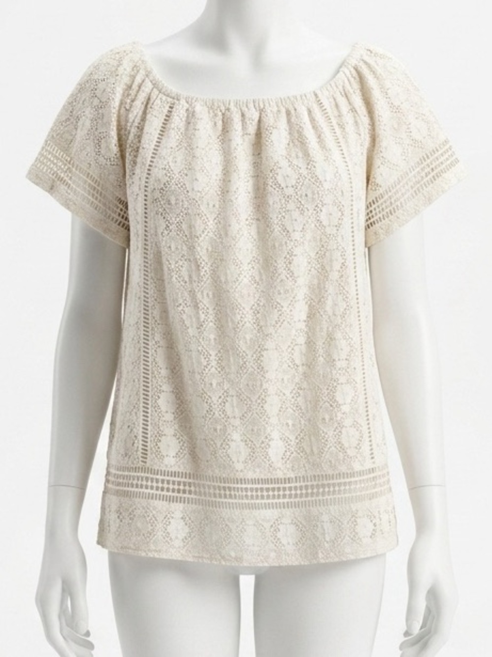 Joie Anthropologie Cream Lace Knit Slouchy Shoulder Boho Knit Lace Crochet Top